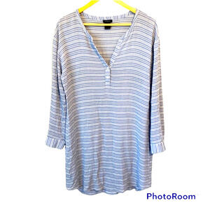 Ann Taylor Striped Tunic Dress Beach Coverup Women's Medium Blue & White V-Neck